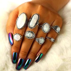 Bohemian silver ring lot with opal like stones new